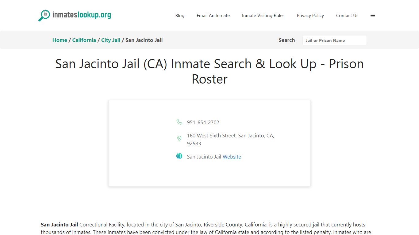 San Jacinto Jail (CA) Inmate Search & Look Up - Prison Roster
